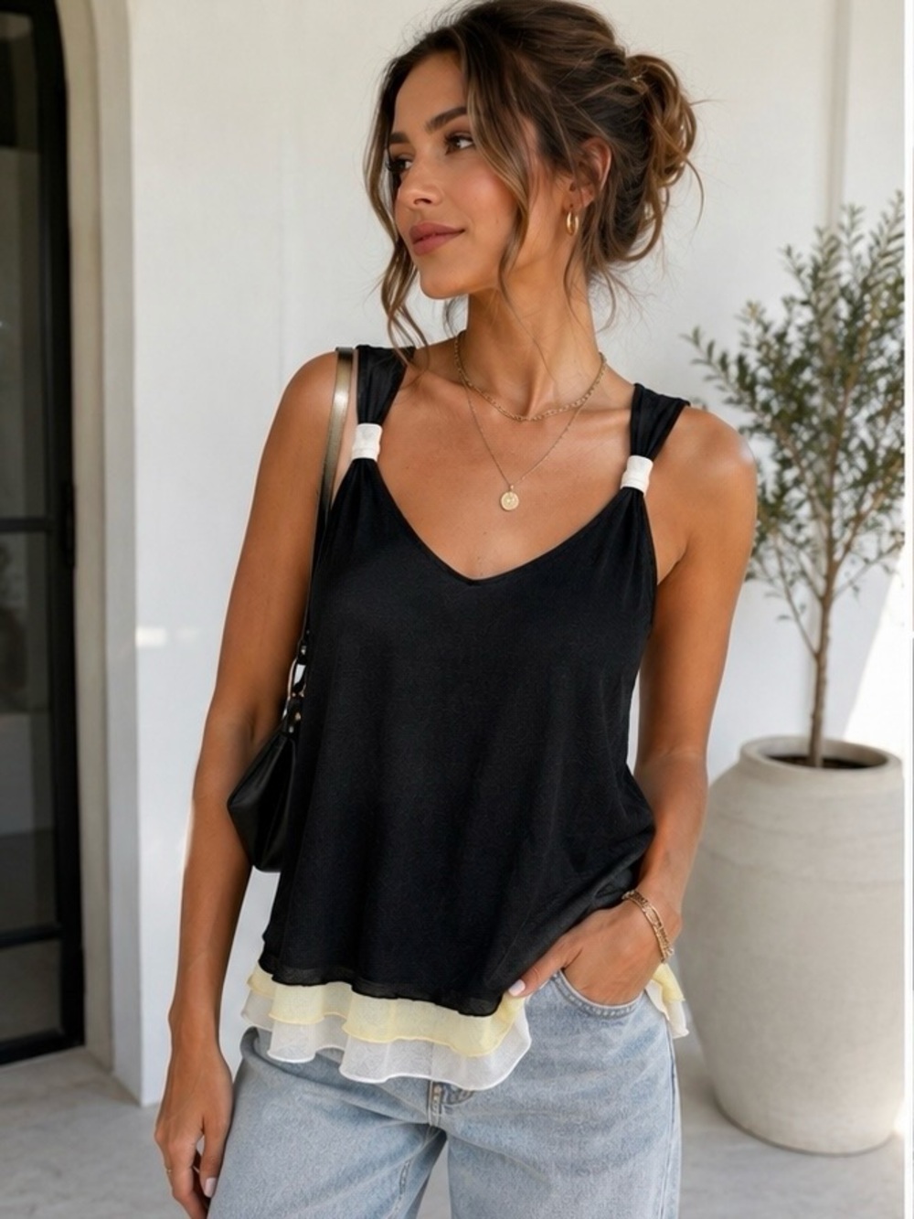 🖤 NWT Japanese Boutique Triple Layer Mesh Tank Black Cream Butter Yellow Y2K